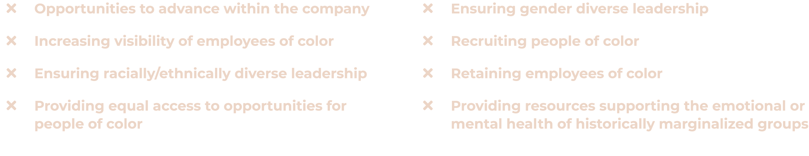   Opportunities to advance within the company   Increasing visibility of employees of color   Ensuring racially ethni   