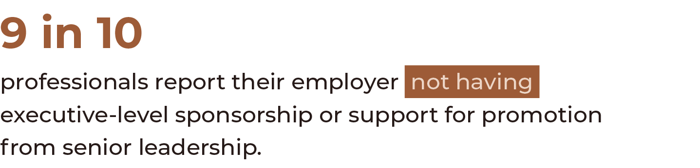 9 in 10 professionals report their employer not having  executive-level sponsorship or support for promotion from sen   