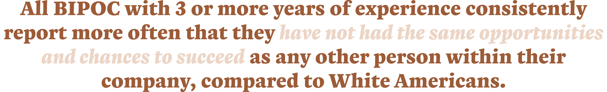 All BIPOC with 3 or more years of experience consistently report more often that they have not had the same opportuni   